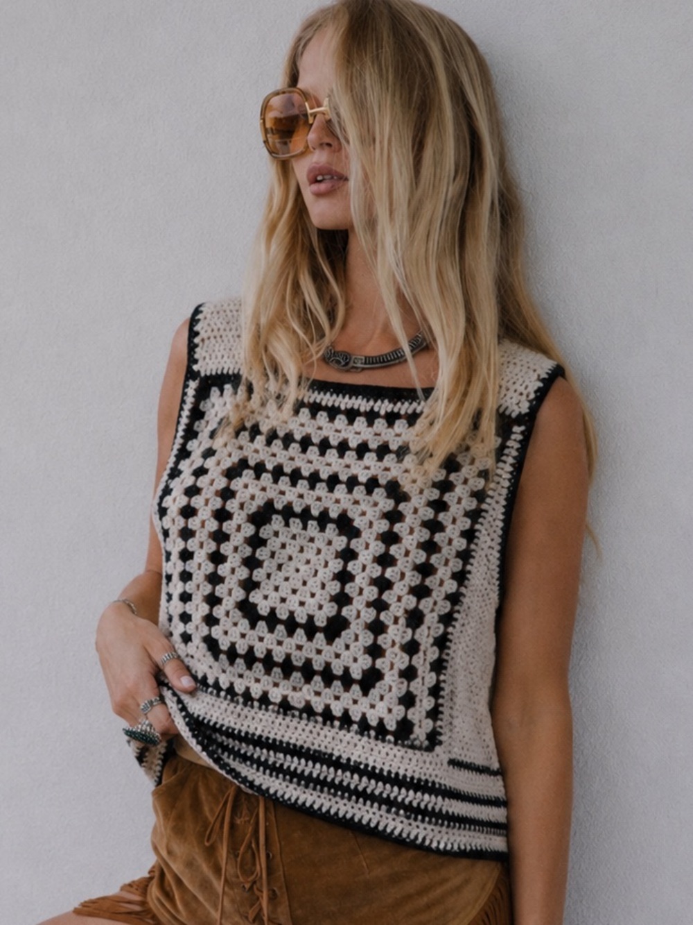Vintage Handmade Crochet Square Tank Top - Black & Grey